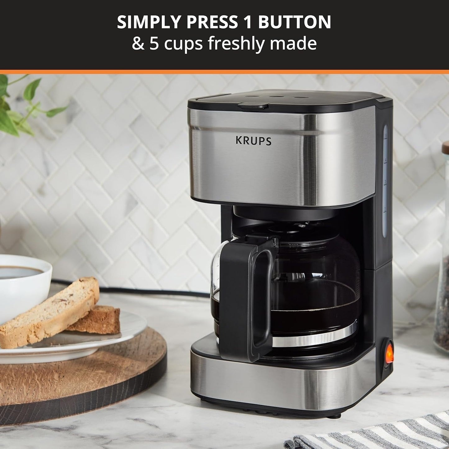 Compact 5-Cup Coffee Maker, Stainless Steel, Pause & Brew, Keep Warm, Reusable Filter, Drip-Free Carafe