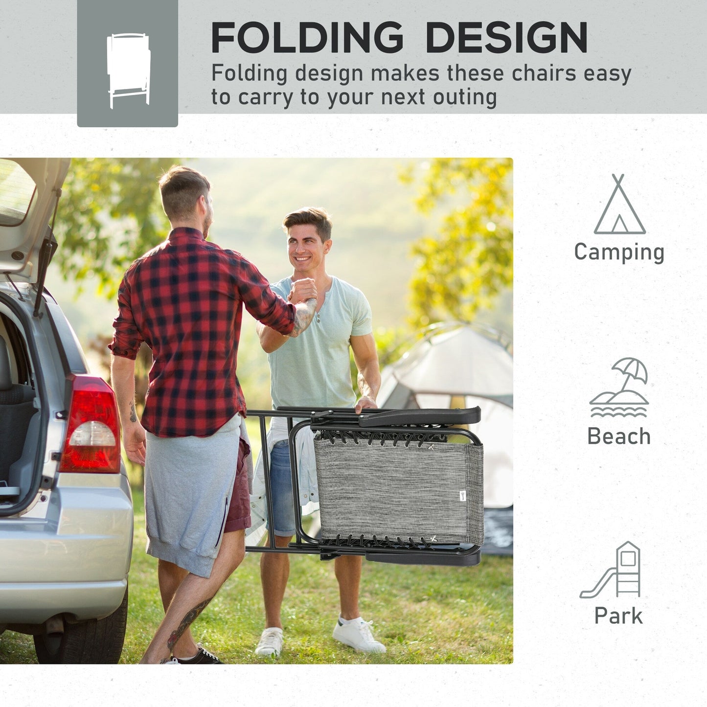 Outsunny Lot de 2 chaises pliantes de jardin, chaises d'extérieur à sangle élastique avec accoudoirs, chaises de jardin portables pour le camping