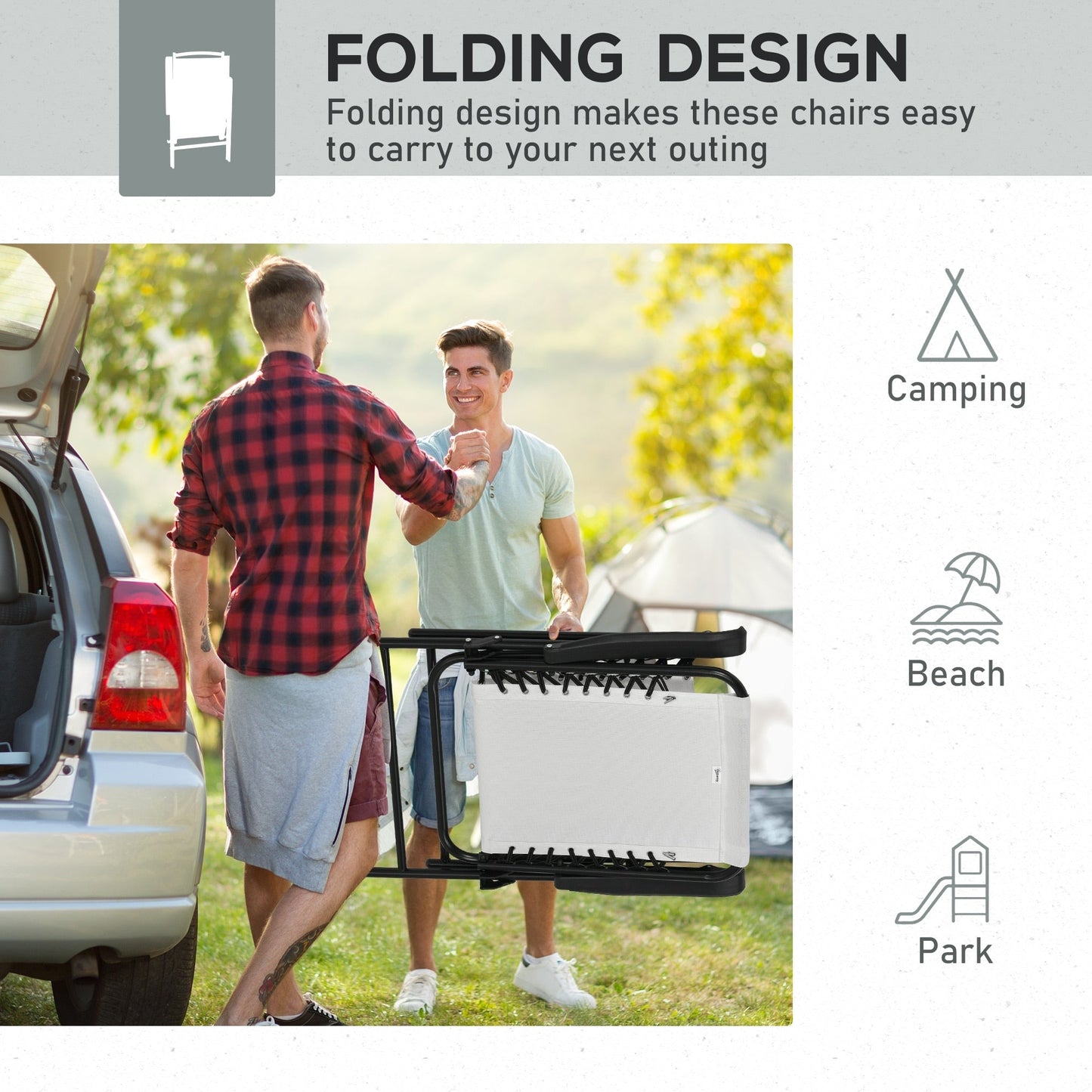 Outsunny Lot de 2 chaises pliantes de jardin, chaises d'extérieur à sangle élastique avec accoudoirs, chaises de jardin portables pour le camping