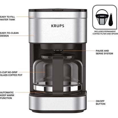 Compact 5-Cup Coffee Maker, Stainless Steel, Pause & Brew, Keep Warm, Reusable Filter, Drip-Free Carafe