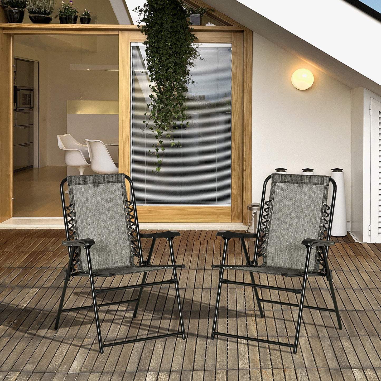 Outsunny Lot de 2 chaises pliantes de jardin, chaises d'extérieur à sangle élastique avec accoudoirs, chaises de jardin portables pour le camping